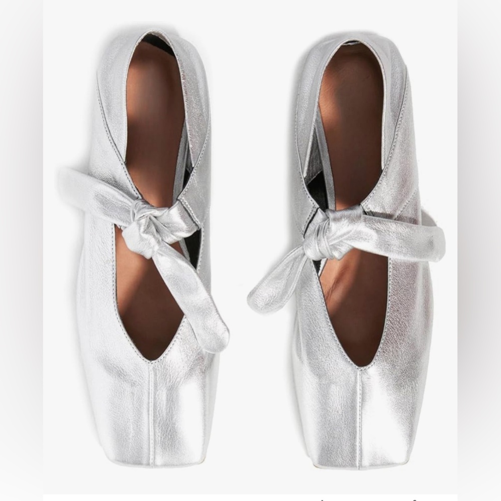 Silver Bow Tie Square Toe Slip On Ballet Flat Shoes